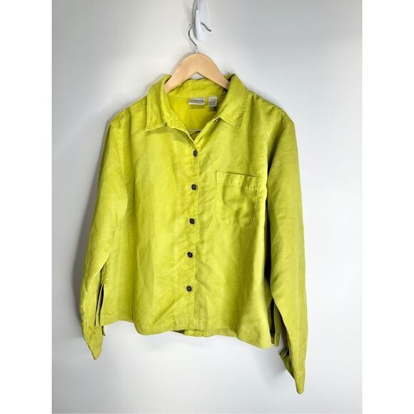 Chicos Shirt Size Large Green Faux Suede Button Down Front Pocket Casual - Picture 4 of 9